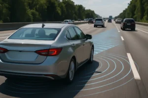Photorealistic image of a modern car equipped with safety features traveling on a busy highway