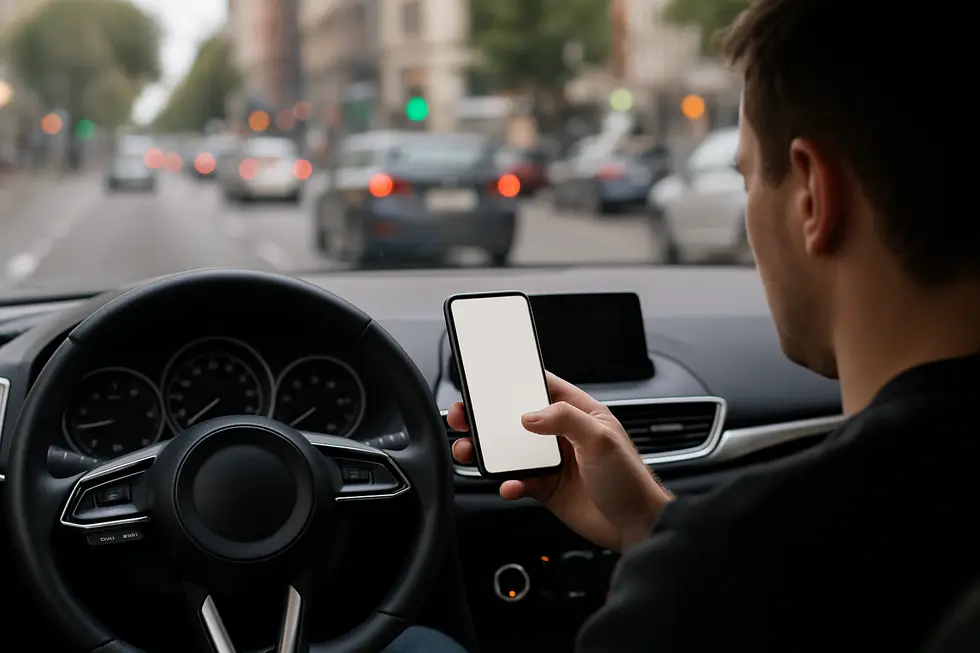 A driver distracted by a smartphone while driving in traffic, highlighting risky behaviors leading to traffic accidents.